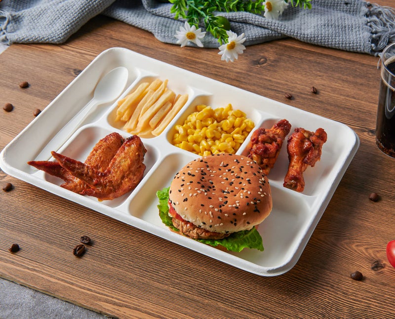 Vplus 100% Compostable 6 Compartment Plates, 90 Pack Compartment Paper Plate, 12.5x8.6 inch Disposable School Lunch Trays, Eco-Friendly Bagasse Plates for School Lunch, Buffet, and Party - Image 2