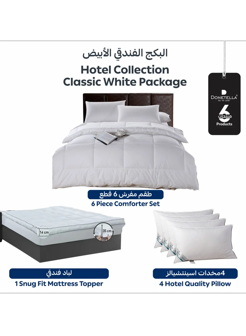 Donetella Hotel Style Classic White Package 6 Pcs Comforter Set White +Mattress Topper + 4 Pillows King