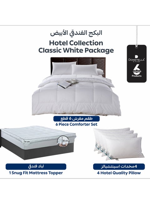 Hotel Style Classic White Package 6 Pcs Comforter Set White +Mattress Topper + 4 Pillows King