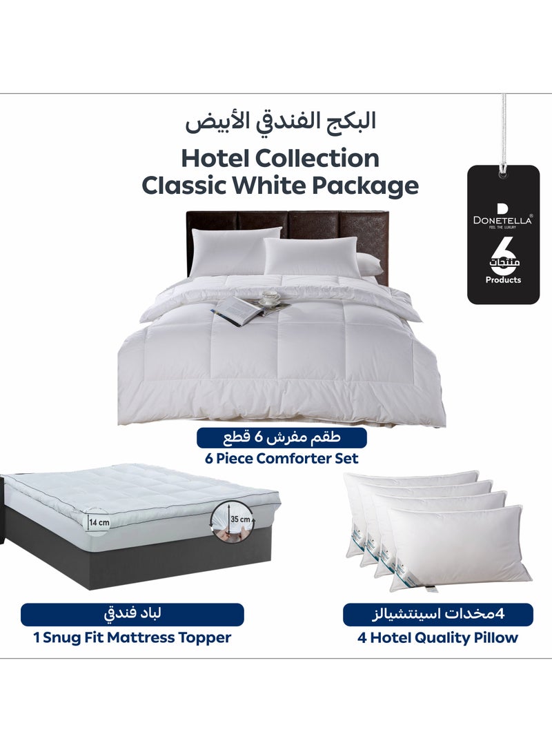 Donetella - Hotel Style Classic White Package 6 Pcs Comforter Set White +Mattress Topper + 4 Pillows King - Image 1