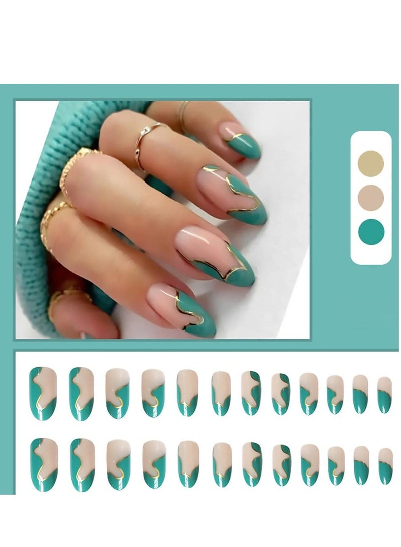 KASTWAVE Shiny Green Fake Nails Women'S Long Wear Nails Rhinestone Nails Full-Coverage Women'S And Girls' Ballet Nail Pieces (24 Pieces 1 Box) - Image 4