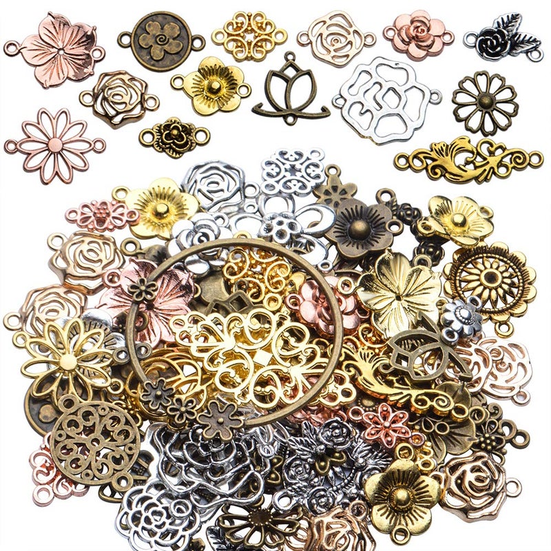 Jdesun Jewelry Connectors Charms, 100 Gram Flower Tibetan Style Mixed Flower Shape Pendants Metal Beads Link Connector Charms for DIY Earring Necklace Jewelry Making - Image 1