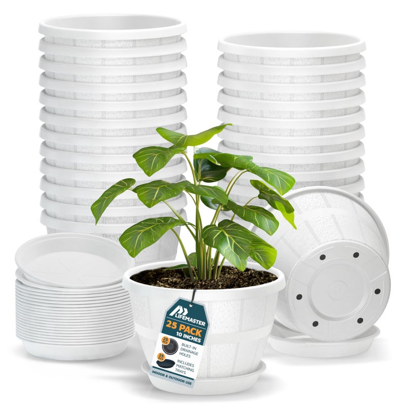 LifeMaster 10-Inch Whiskey Barrel Planters Outdoor Pack of 25 - Durable Plastic Plant Pots for Indoor & Outdoor Use with Drainage & Saucer, Lightweight Rustic Barrel Planters for Flowers, Herbs & Small Plants - Image 1