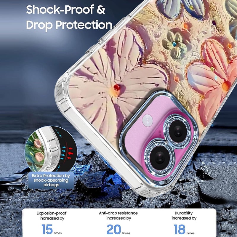 Elzzi Compatible with iPhone 16 Case 3D Laser Flower Oil Painting Cute Colorful Blue Ray Bumper with Full Camera Protection Shockproof PC+TPU Glossy Shiny Cover for Girls Women, Pink - Image 5