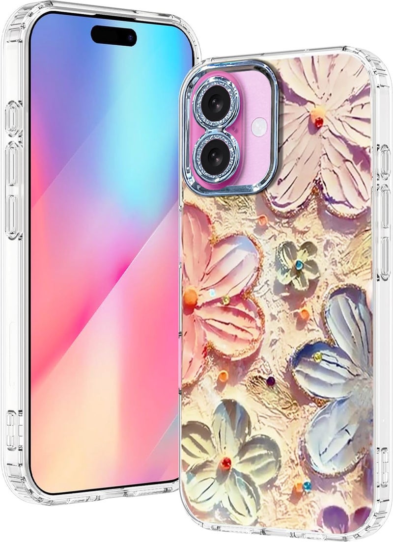 Elzzi Compatible with iPhone 16 Case 3D Laser Flower Oil Painting Cute Colorful Blue Ray Bumper with Full Camera Protection Shockproof PC+TPU Glossy Shiny Cover for Girls Women, Pink - Image 1