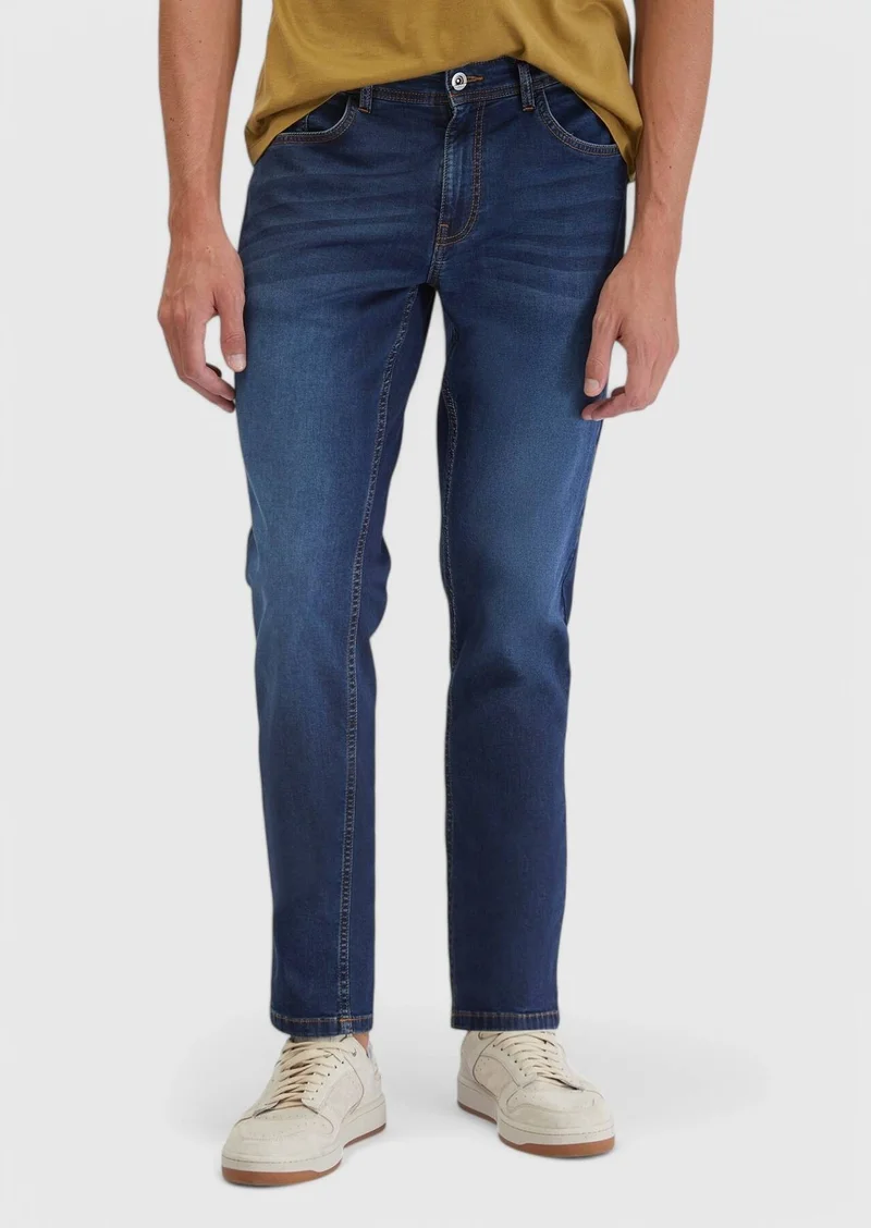 RAMSEY Navy Blue Slim Fit Denim Cotton Blended Trousers