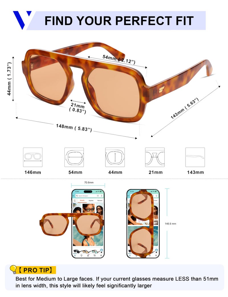 VANLINKER Retro Square Aviator Sunglasses for Women Men 70s Vintage Style Trendy Flat Top Rectangle Sun Glasses VL9826, Bright Yellow Tortoiseshell, Brown - Image 5