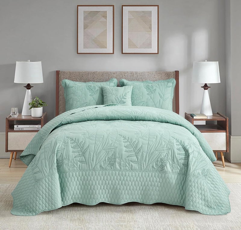DaisyHuang Botanical Oversized Bedspread King Size  Leaves Pattern Stitching Quilt Set  Elegant  Fresh Style Bedding Coverlets Reversible Lightweight 5 Piece Seaglass