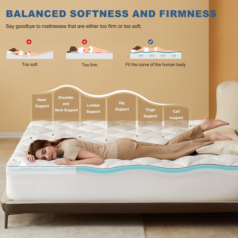Bedlore 4-Inch King Mattress Topper for Back Pain - Dual Layer Medium Support (2" Gel Memory Foam + 2" Cooling Fluffy Pillow Top Pad), Breathable & Pressure Relief (White) - Image 3