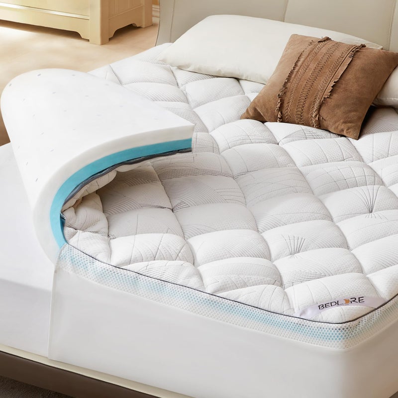 Bedlore 4-Inch King Mattress Topper for Back Pain - Dual Layer Medium Support (2" Gel Memory Foam + 2" Cooling Fluffy Pillow Top Pad), Breathable & Pressure Relief (White) - Image 1