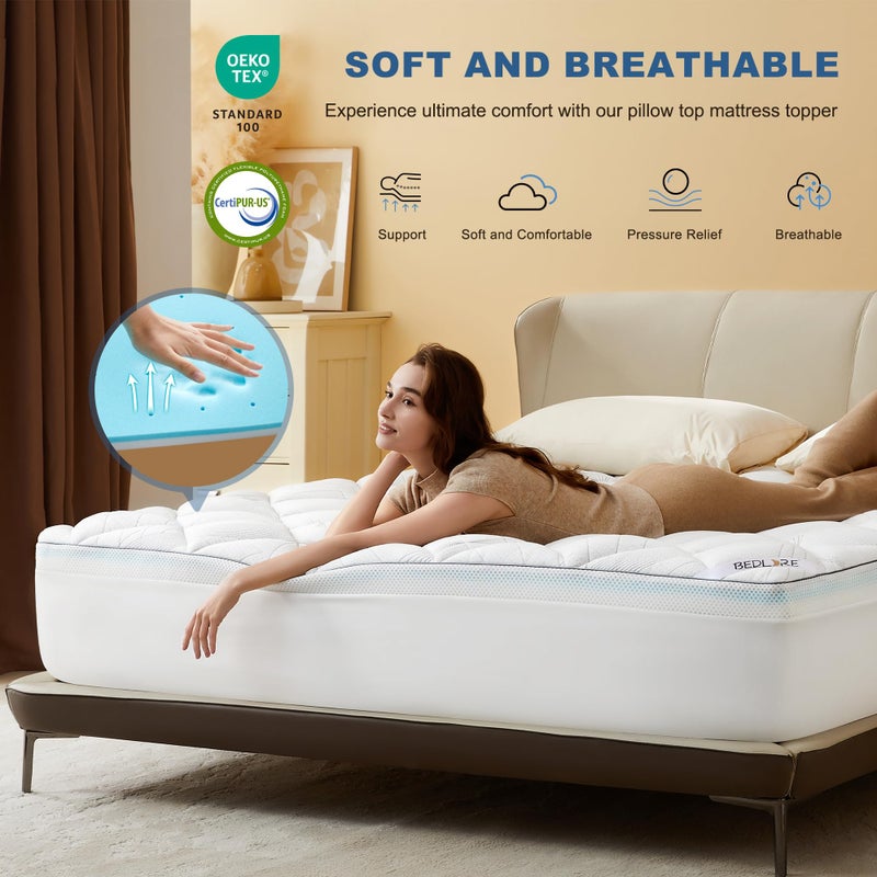 Bedlore 4-Inch King Mattress Topper for Back Pain - Dual Layer Medium Support (2" Gel Memory Foam + 2" Cooling Fluffy Pillow Top Pad), Breathable & Pressure Relief (White) - Image 4