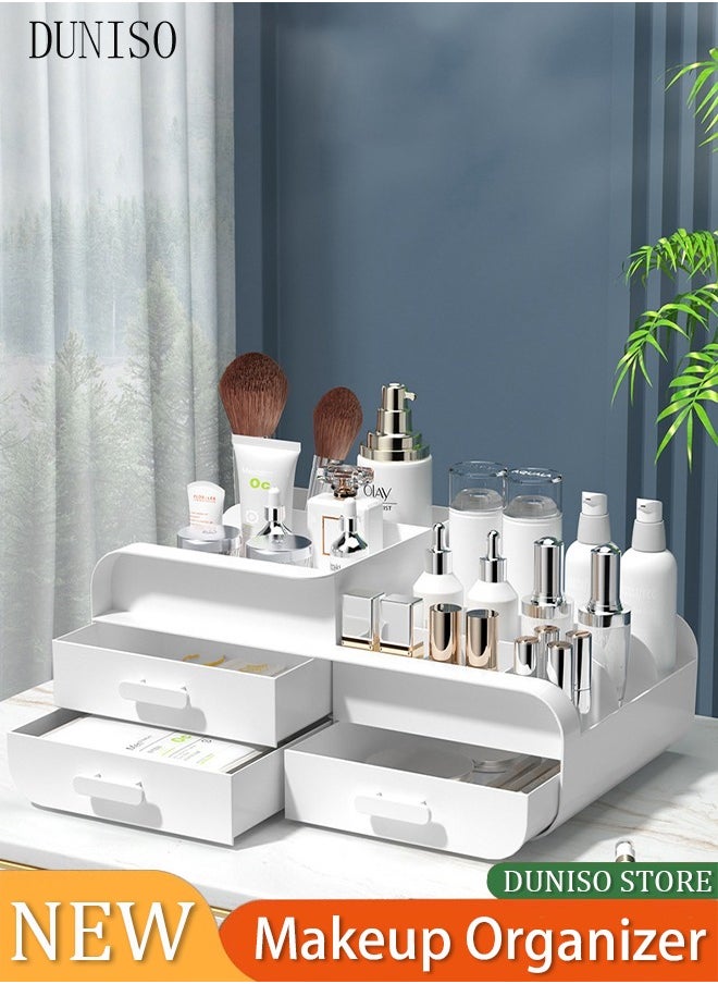 DUNISO Makeup Organizer,Cosmetic Organizer Storage Box with Drawer Elegant Vanity Case for Bathroom Bedroom Office Supplies(White)  - Image 1