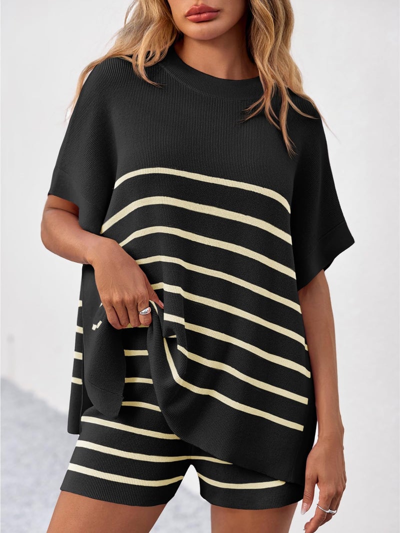 Fisoew Women's Striped 2 Piece Outfits Oversized Batwing Short Sleeve Tops High Waisted Shorts Summer Knit Lounge Short Sets Black - Image 2
