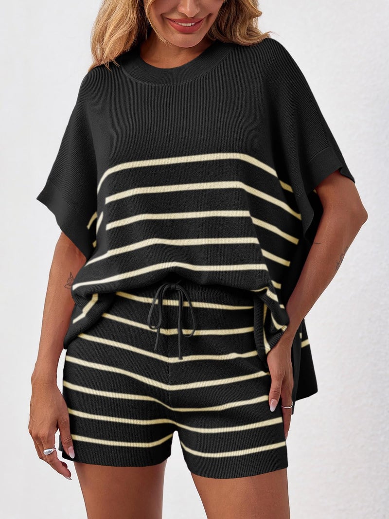 Fisoew Women's Striped 2 Piece Outfits Oversized Batwing Short Sleeve Tops High Waisted Shorts Summer Knit Lounge Short Sets Black - Image 5