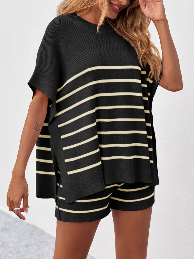 Fisoew Women's Striped 2 Piece Outfits Oversized Batwing Short Sleeve Tops High Waisted Shorts Summer Knit Lounge Short Sets Black - Image 3
