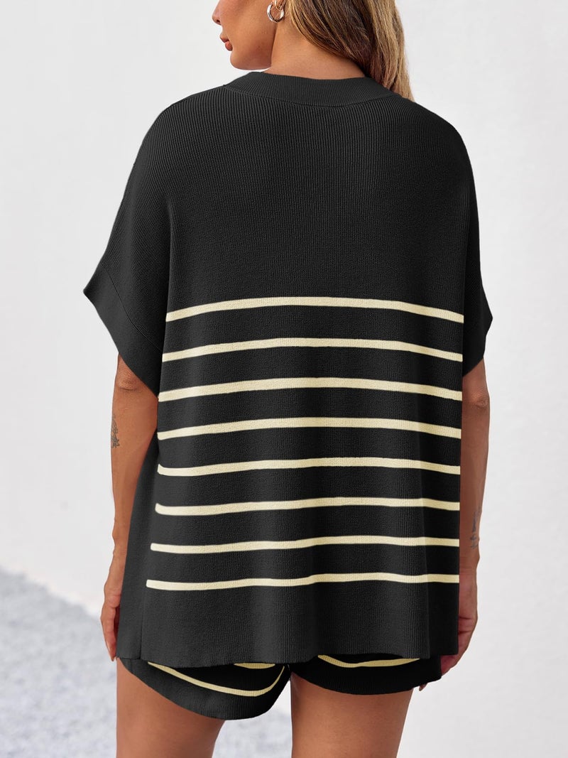 Fisoew Women's Striped 2 Piece Outfits Oversized Batwing Short Sleeve Tops High Waisted Shorts Summer Knit Lounge Short Sets Black - Image 4