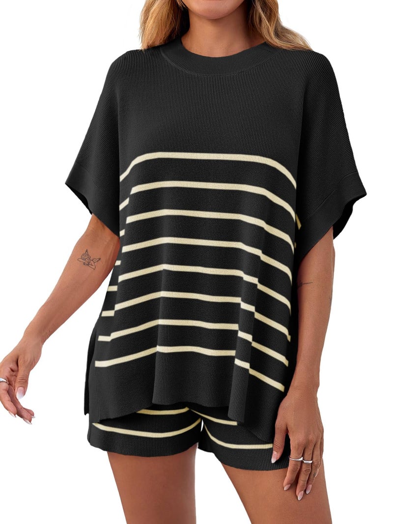 Fisoew Women's Striped 2 Piece Outfits Oversized Batwing Short Sleeve Tops High Waisted Shorts Summer Knit Lounge Short Sets Black - Image 1