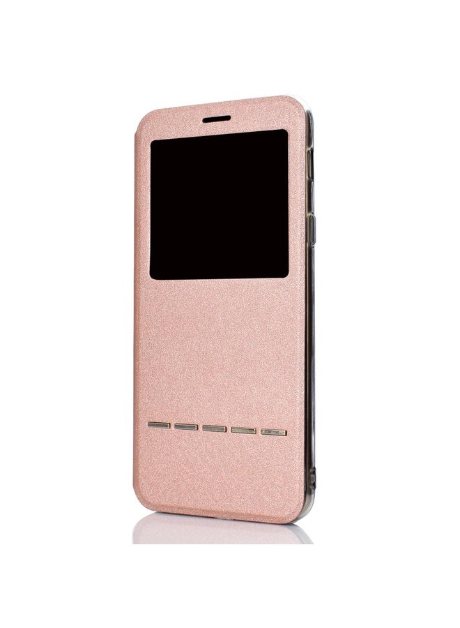 HuHa Case Cover For iPhone 11 Pro Matte Texture Horizontal Flip Bracket Mobile Phone Holster Window with Caller ID and Metal Button Slide To Unlock(Rose Gold) - Image 3
