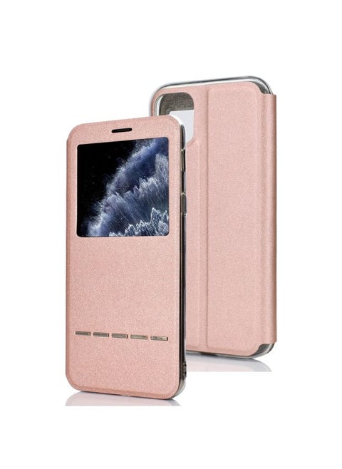 Case Cover For iPhone 11 Pro Matte Texture Horizontal Flip Bracket Mobile Phone Holster Window with Caller ID and Metal Button Slide To Unlock Rose Gold