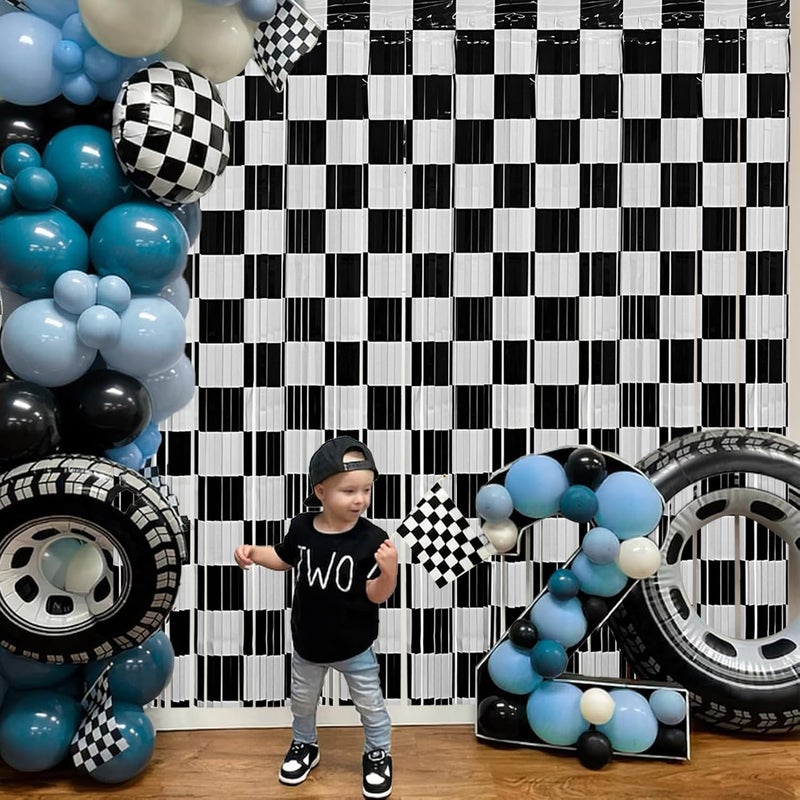 partyzoa Race Car Foil Fringe Curtains Backdrop Birthday Party Decorations, 2 Pack 3.28 x 6.56 Ft Black White Foil Fringe Curtain Photo Booth Props Racing Car One Happy Dude Birthday Party Decorations - Image 4