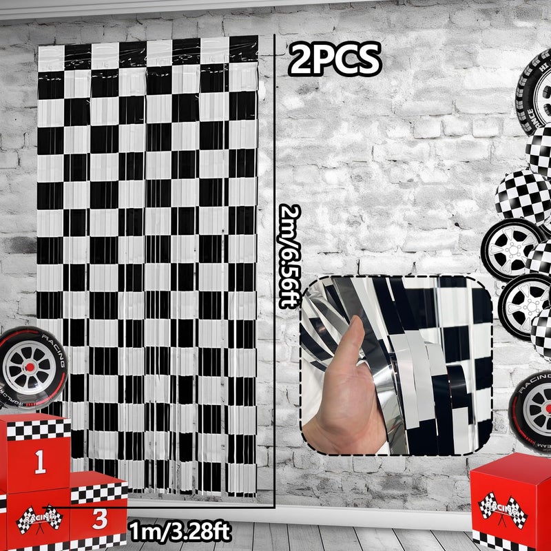 partyzoa Race Car Foil Fringe Curtains Backdrop Birthday Party Decorations, 2 Pack 3.28 x 6.56 Ft Black White Foil Fringe Curtain Photo Booth Props Racing Car One Happy Dude Birthday Party Decorations - Image 2