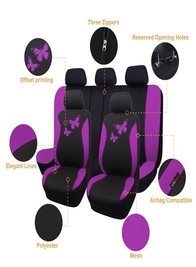 Flying Banner Butterfly car seat Covers ful Set Fashion Universal Lady Woman Female Rear Bench Split Colorized (Full Set, Purple) - Image 2