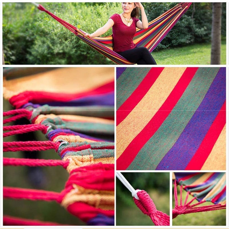 Luxafare Cotton Striped Foldable HammockHanging Bed for Camping Outdoor Activities 2 Person Multicolor - Image 2