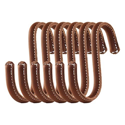 Brute Strength S Shaped Hooks Wrapped in Full Grain Leather 6 Pcs Cognac Stainless Steel Hangers for Kitchen Leather S Hooks - Image 1