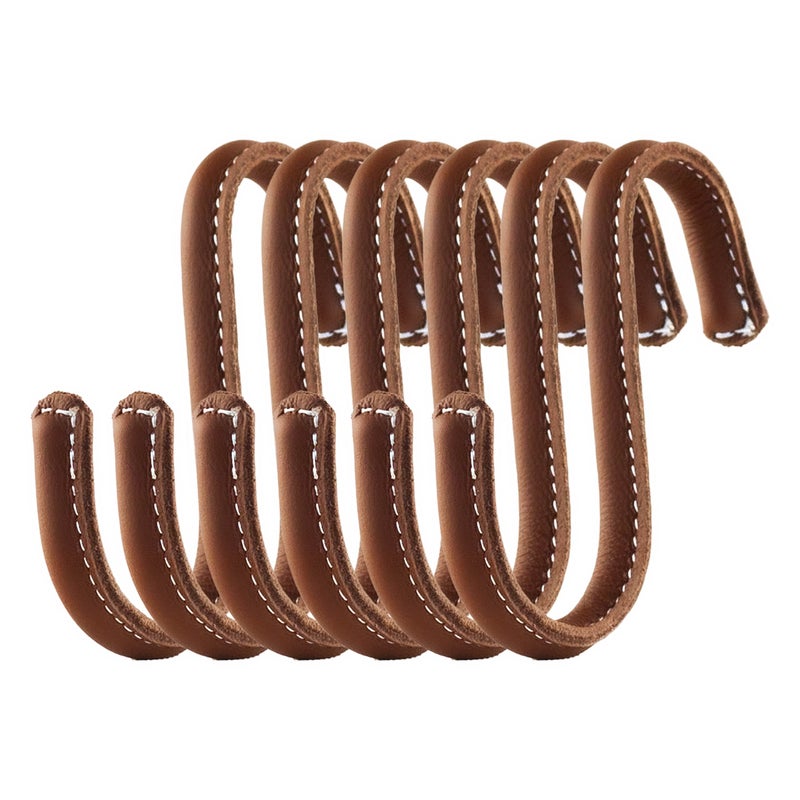 Brute Strength S Shaped Hooks Wrapped in Full Grain Leather 6 Pcs Cognac Stainless Steel Hangers for Kitchen Leather S Hooks - Image 2