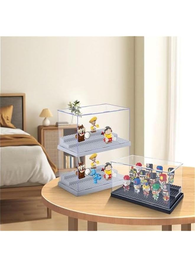 Generic - 2 Pack Minifigure Display Case for Action Figures Blocks, Acrylic Display Box Storage, Clear Minifigure Display Shelves with 3 Movable Steps Disply Shelf Gift Collection Models Minifigures (Grey) - Image 1