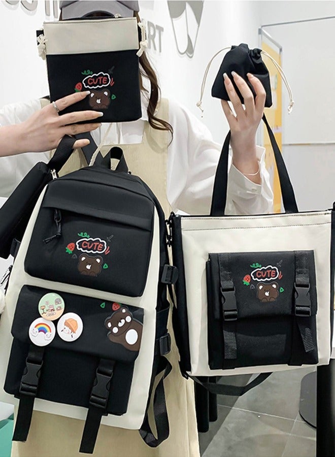 مجموعة حقيبة ظهر مدرسية مكونة من 5 قطع من حقيبة الكتب المدرسية على شكل دب كاواي وحقيبة ظهر من القماش للطالبات وحقيبة كروس وحقيبة نهارية حقيبة مدرسية لطيفة للفتيات وحقائب كتف مدرسية (أسود) - Image 1