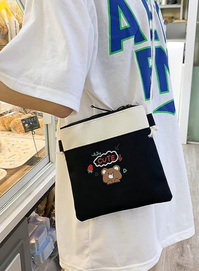 مجموعة حقيبة ظهر مدرسية مكونة من 5 قطع من حقيبة الكتب المدرسية على شكل دب كاواي وحقيبة ظهر من القماش للطالبات وحقيبة كروس وحقيبة نهارية حقيبة مدرسية لطيفة للفتيات وحقائب كتف مدرسية (أسود) - Image 3