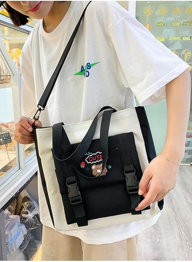 مجموعة حقيبة ظهر مدرسية مكونة من 5 قطع من حقيبة الكتب المدرسية على شكل دب كاواي وحقيبة ظهر من القماش للطالبات وحقيبة كروس وحقيبة نهارية حقيبة مدرسية لطيفة للفتيات وحقائب كتف مدرسية (أسود) - Image 4