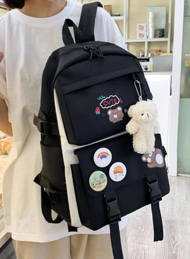 مجموعة حقيبة ظهر مدرسية مكونة من 5 قطع من حقيبة الكتب المدرسية على شكل دب كاواي وحقيبة ظهر من القماش للطالبات وحقيبة كروس وحقيبة نهارية حقيبة مدرسية لطيفة للفتيات وحقائب كتف مدرسية (أسود) - Image 5