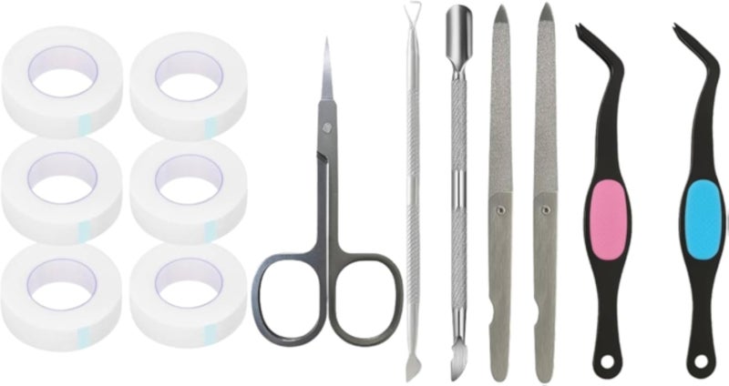 Eye and Nail Care Tool Set â€“ Includes Cuticle Pusher, Curved Tweezers, Precision Eyebrow Scissors, Dual-Sided Nail Files, Cuticle Lifter Tool, 6 Rolls Eyelash Tape â€“ Grooming & Nail Kit