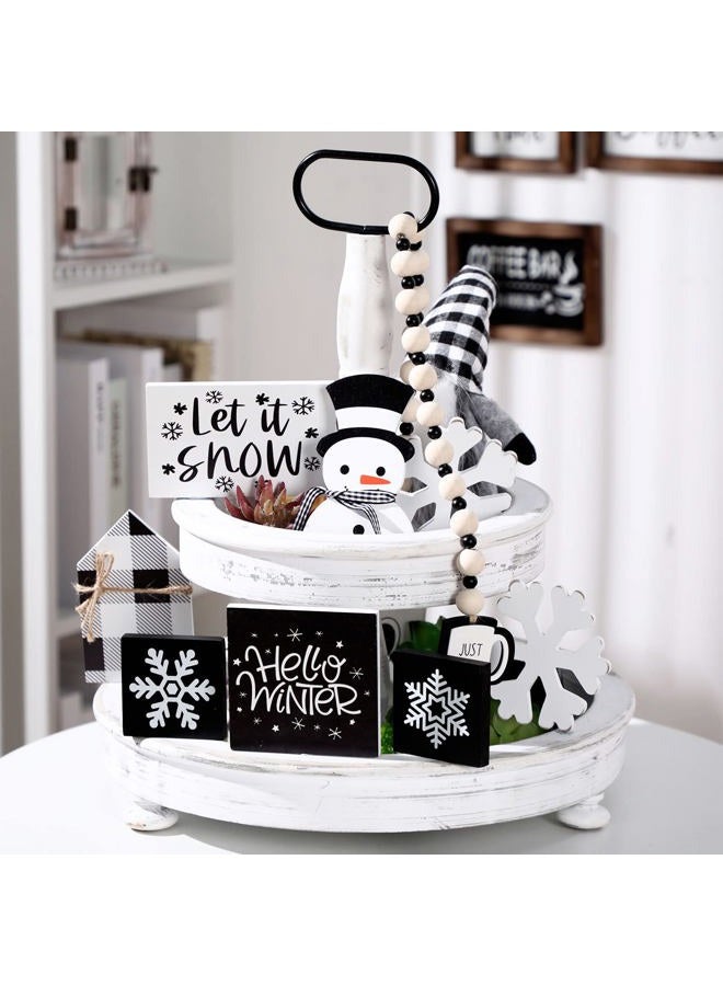Sawysine 8 Pieces Christmas Winter Tiered Tray Decor Let It Snow Sign Winter Decor Farmhouse Snowflake Wooden Signs Winter Holiday Shelf Kitchen Coffee Bar Home Table (Black, White) - Image 3