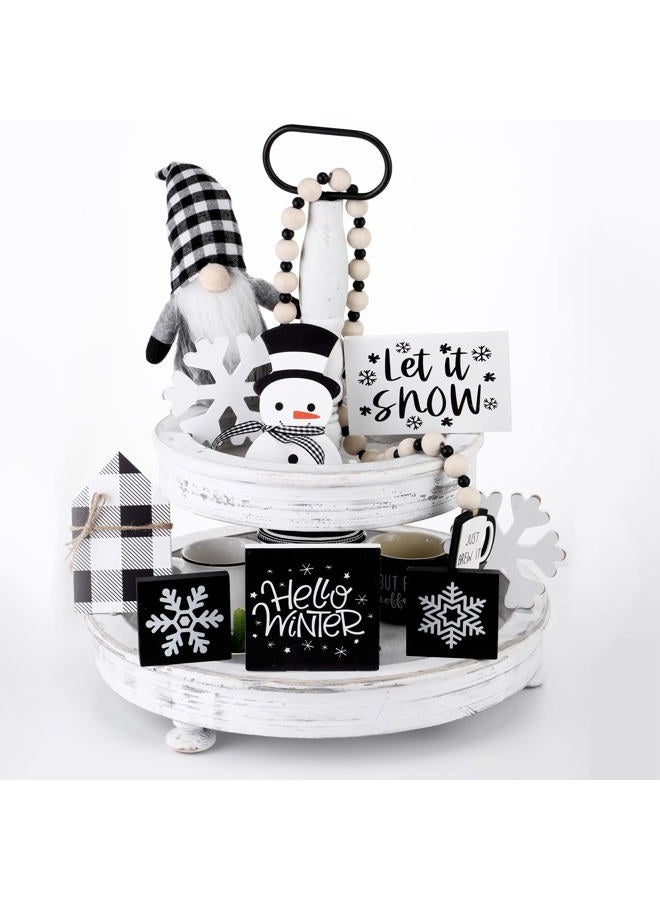 Sawysine 8 Pieces Christmas Winter Tiered Tray Decor Let It Snow Sign Winter Decor Farmhouse Snowflake Wooden Signs Winter Holiday Shelf Kitchen Coffee Bar Home Table (Black, White) - Image 4