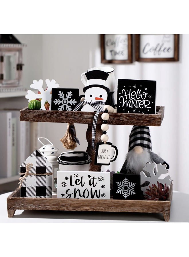 Sawysine 8 Pieces Christmas Winter Tiered Tray Decor Let It Snow Sign Winter Decor Farmhouse Snowflake Wooden Signs Winter Holiday Shelf Kitchen Coffee Bar Home Table (Black, White) - Image 1