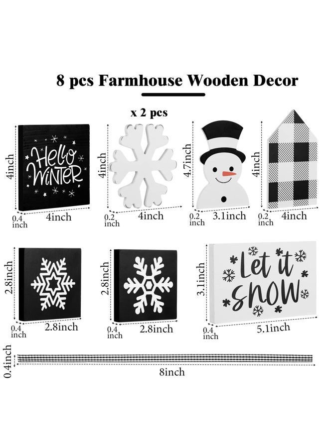 Sawysine 8 Pieces Christmas Winter Tiered Tray Decor Let It Snow Sign Winter Decor Farmhouse Snowflake Wooden Signs Winter Holiday Shelf Kitchen Coffee Bar Home Table (Black, White) - Image 2