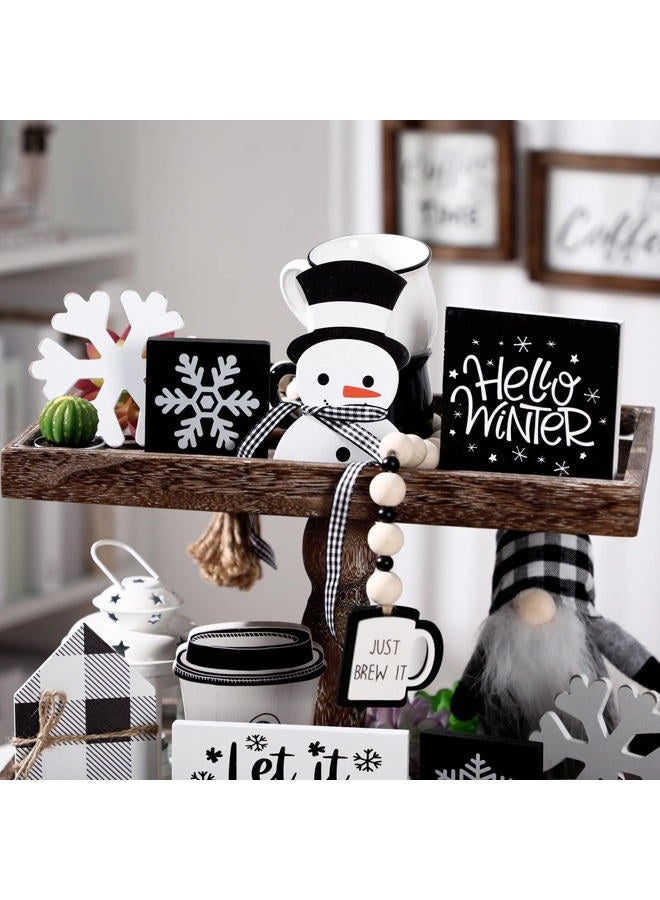 Sawysine 8 Pieces Christmas Winter Tiered Tray Decor Let It Snow Sign Winter Decor Farmhouse Snowflake Wooden Signs Winter Holiday Shelf Kitchen Coffee Bar Home Table (Black, White) - Image 5