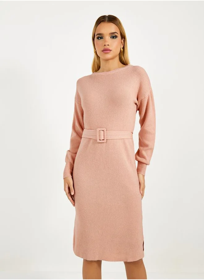 Styli Flat Knit Belted Sweater Knee Length Dress