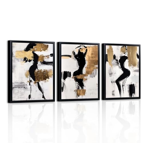 LevvArts Black and Gold Bathroom Decor Abstract Women Wall Art Set of 3 Black Frame Black Beige and Gold Paintings - Image 1