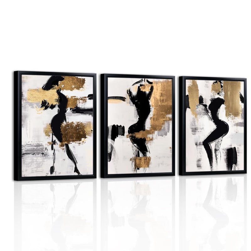 LevvArts Black and Gold Bathroom Decor Abstract Women Wall Art Set of 3 Black Frame Black Beige and Gold Paintings - Image 2