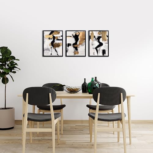 LevvArts Black and Gold Bathroom Decor Abstract Women Wall Art Set of 3 Black Frame Black Beige and Gold Paintings - Image 3