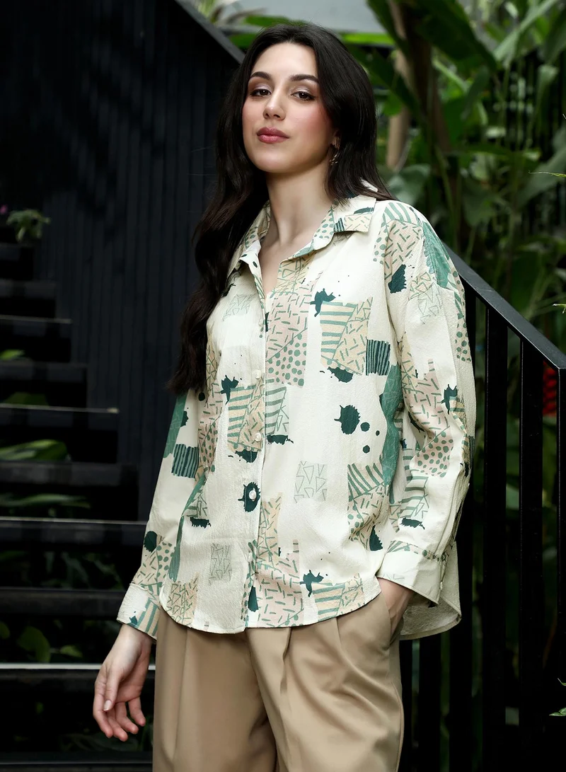 PINACOLADA  Women's Forest Green & Bone Beige Abstract-Seersucker Oversized Shirt for Women | Best Price UAE