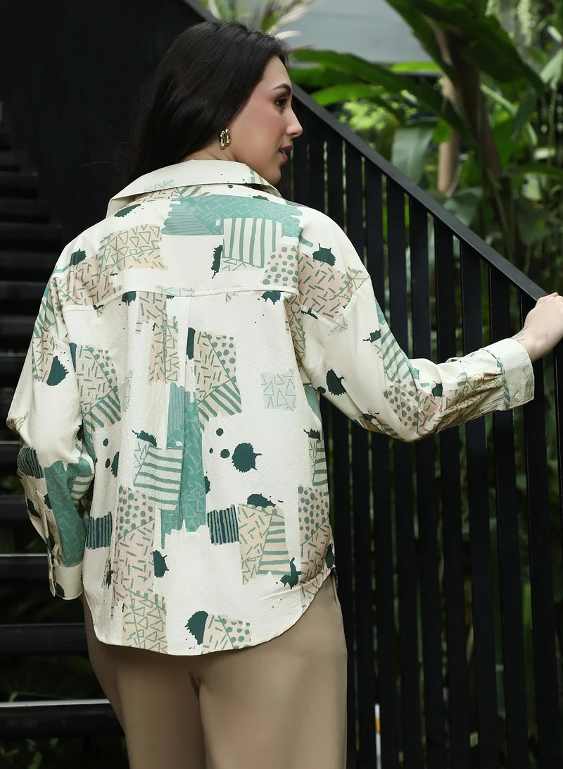 PINACOLADA  Women's Forest Green & Bone Beige Abstract-Seersucker Oversized Shirt for Women | Best Price UAE