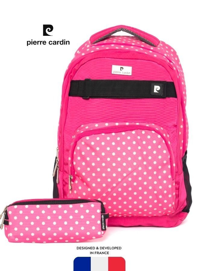 pierre cardin 2pcs Set Kids School Backpack with Pencil Case- Polka Pink Design Dimensions: 49x36x20cm  - Image 1