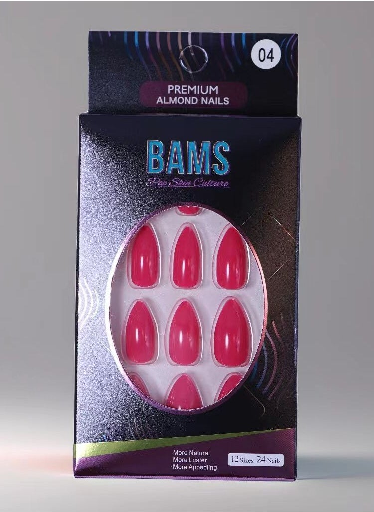 B A M S ثقافة البشرة الشعبية أظافر BAMS الصناعية، ٢٤ قطعة، على شكل لوز، مع مجموعة غراء (لون ٠٤)  - Image 1
