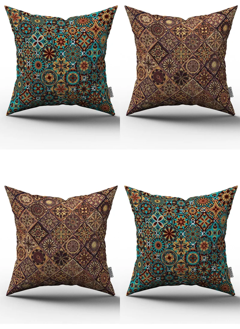 Cango Home Esnafali Retro Vintage Patterned Digital Printed Throw Pillow Cover Set 4KMBS197 Blue Brown Orange