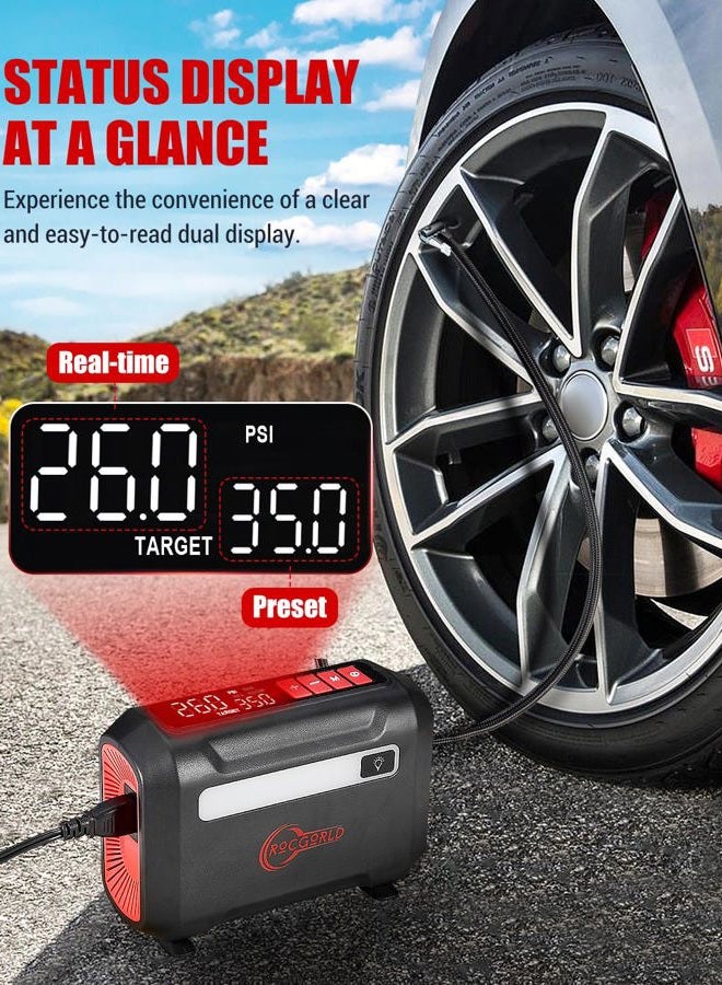 ROCGORLD R8 Tire Inflator Portable Air Compressor, DC 12V Air Compressor Portable with Large Dual Digital Screen, 3X Faster Inflation Air Pump for Car, Bike, Ball, Motor - Image 3